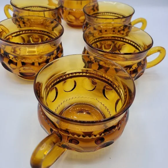 Vintage Indiana Glass Kings Crown Amber Thumb Print Cups 2-piece set - Picture 4 of 8